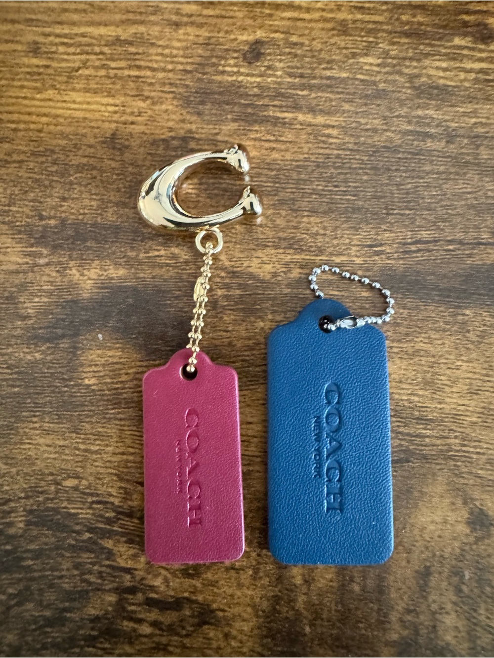 COACH Leather Hangtag Keychain Set in Burgundy and Blue